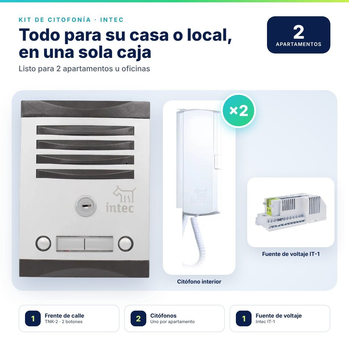 Kit de citofonía Intec para 2 puntos · Frente de calle TNK-2 + 2 citófonos + fuente IT-1