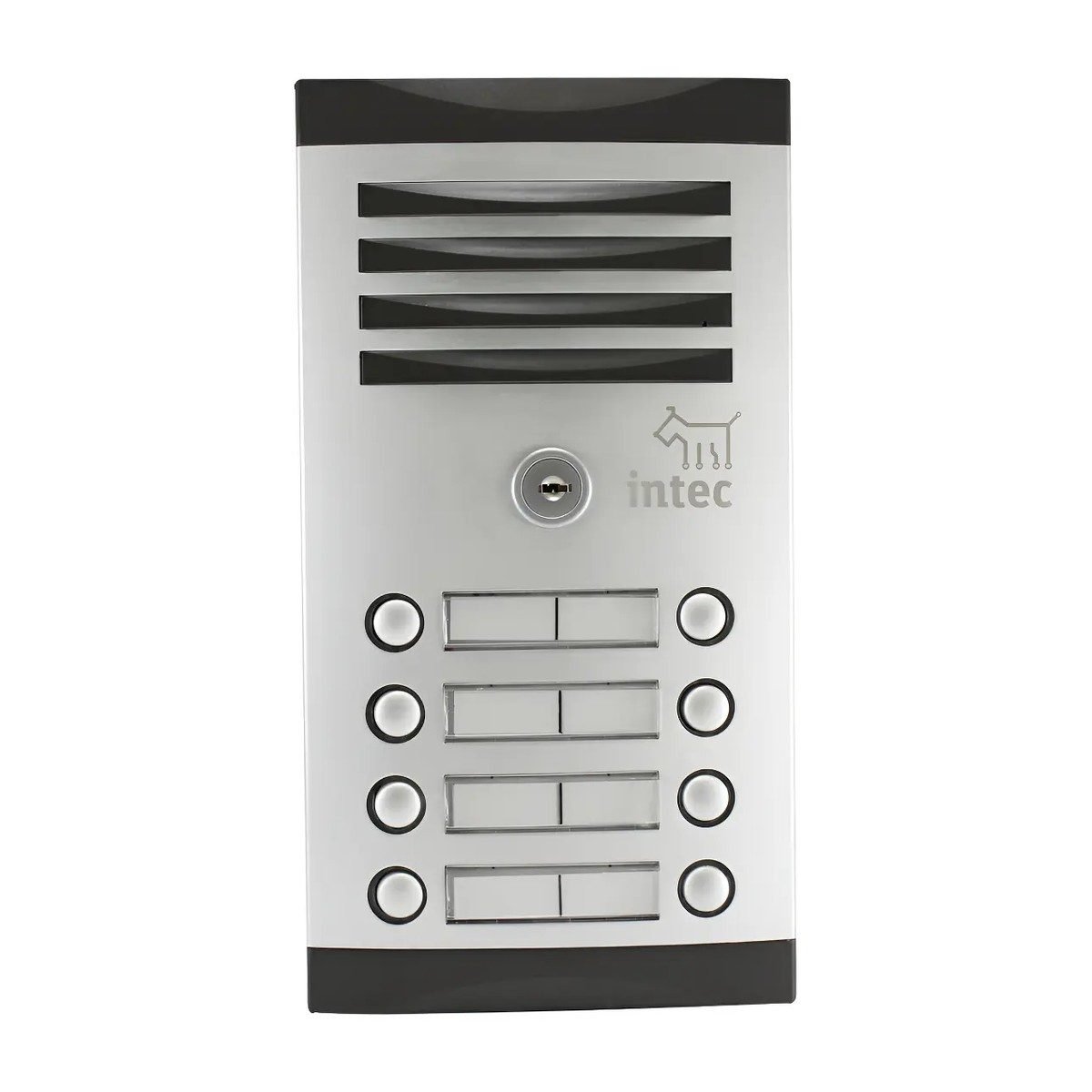 Frente de calle Intec TNK-8 de aluminio con accionamiento de cerradura · 8 botones · Para empotrar