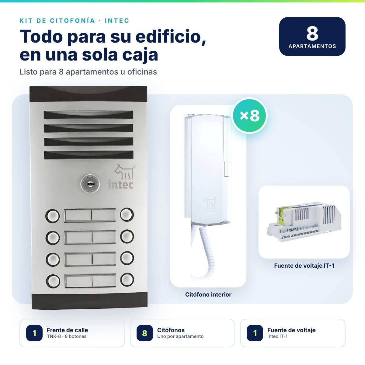 Kit de citofonía Intec para 8 puntos · Frente de calle TNK-8 + 8 citófonos + fuente IT-1
