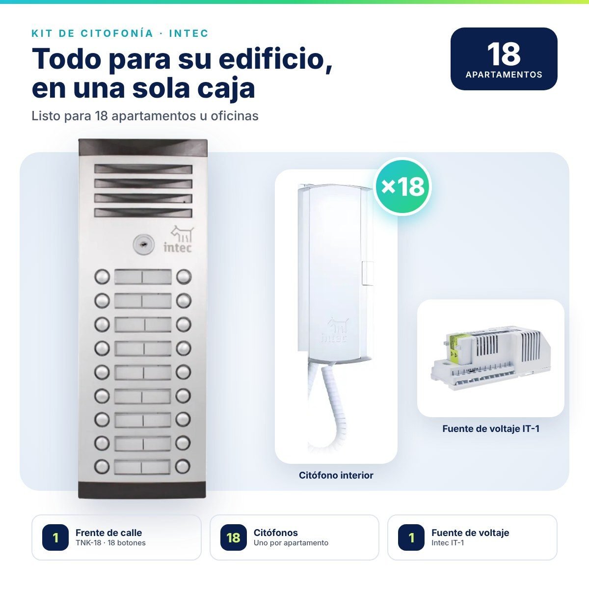 Kit de citofonía Intec para 18 puntos · Frente de calle TNK-18 + 18 citófonos + fuente IT-1