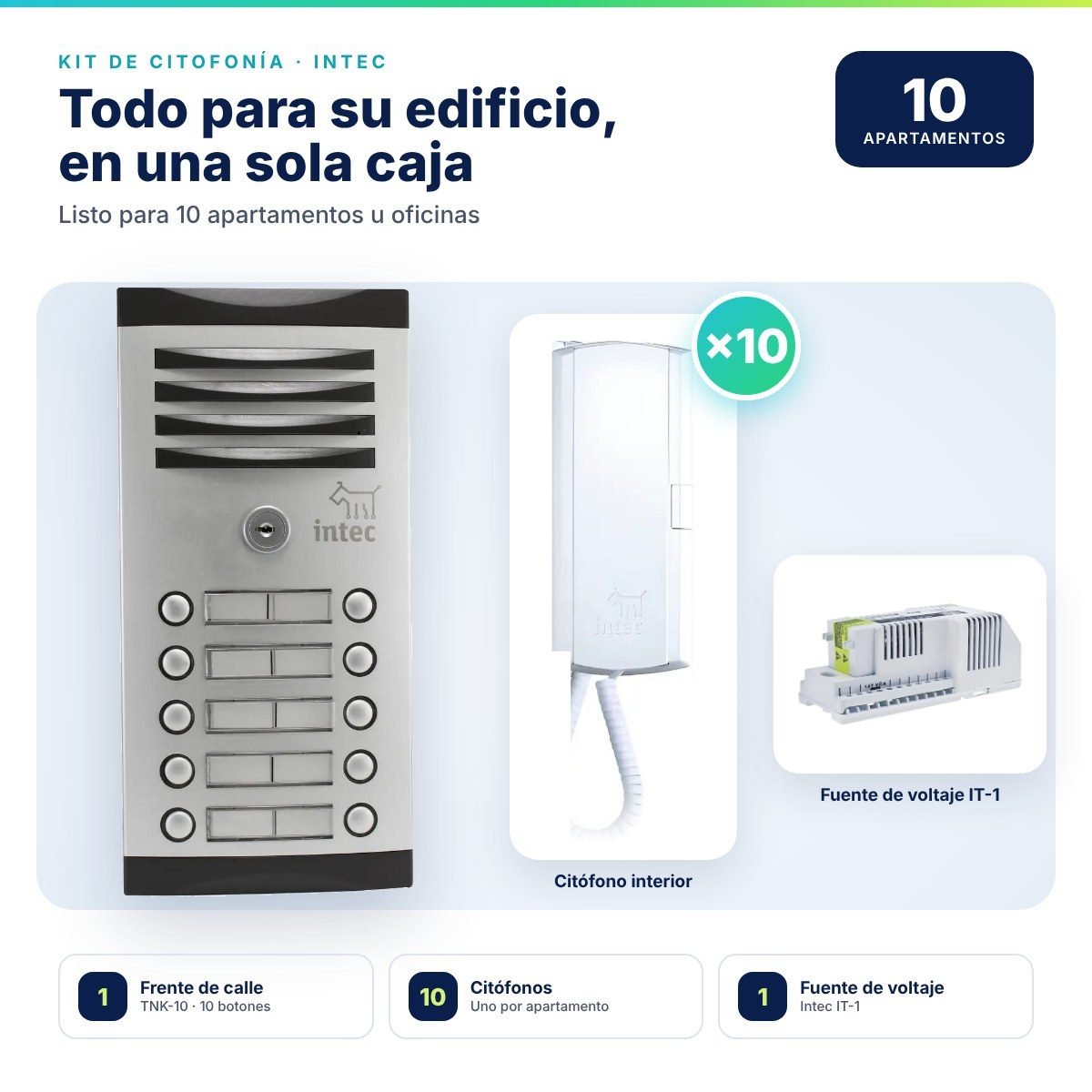 Kit de citofonía Intec para 10 puntos · Frente de calle TNK-10 + 10 citófonos + fuente IT-1