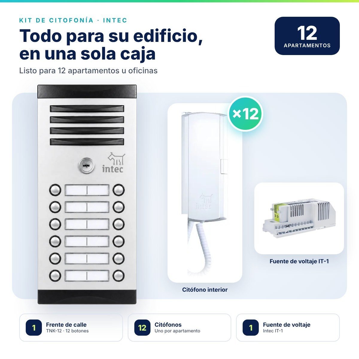 Kit de citofonía Intec para 12 puntos · Frente de calle TNK-12 + 12 citófonos + fuente IT-1