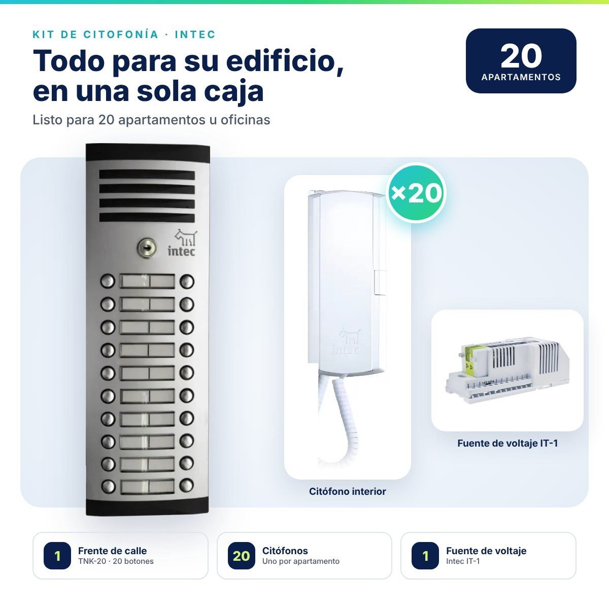 Kit de citofonía Intec para 20 puntos · Frente de calle TNK-20 + 20 citófonos + fuente IT-1