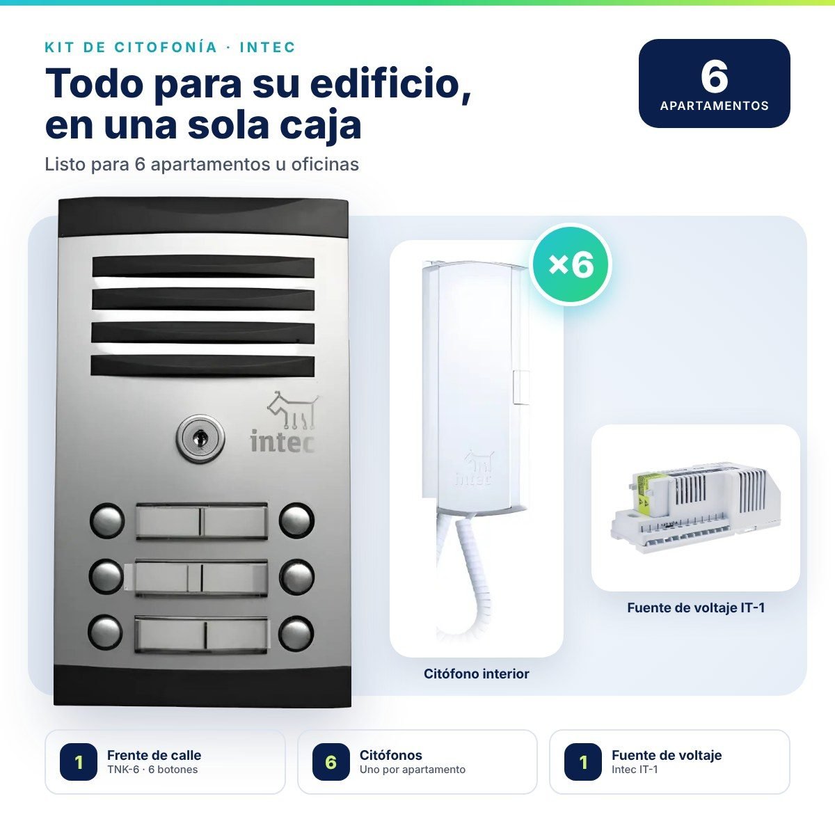 Kit de citofonía Intec para 6 puntos · Frente de calle TNK-6 + 6 citófonos + fuente IT-1