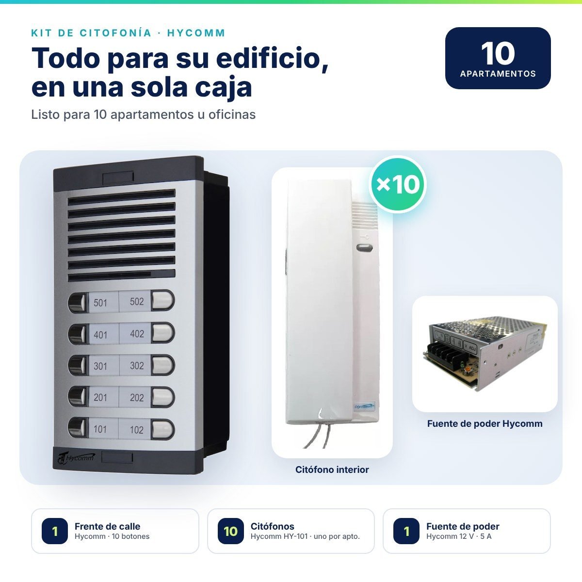 Kit de citofonía Hycomm para 10 puntos · Frente de calle de 10 botones + 10 citófonos HY-101 + fuente de poder