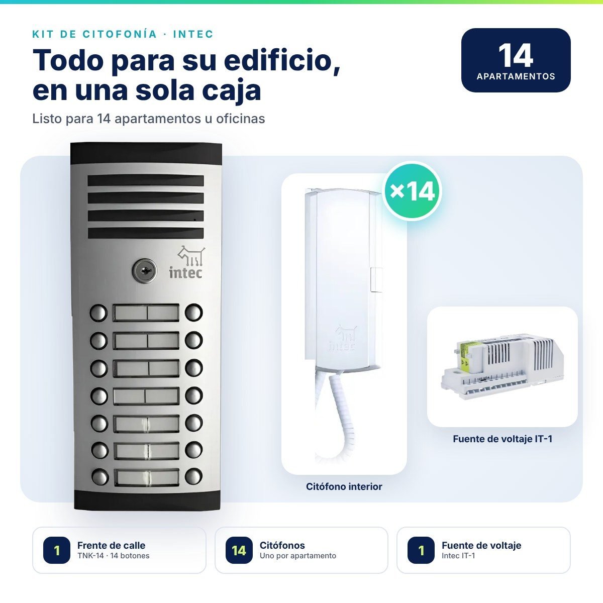 Kit de citofonía Intec para 14 puntos · Frente de calle TNK-14 + 14 citófonos + fuente IT-1