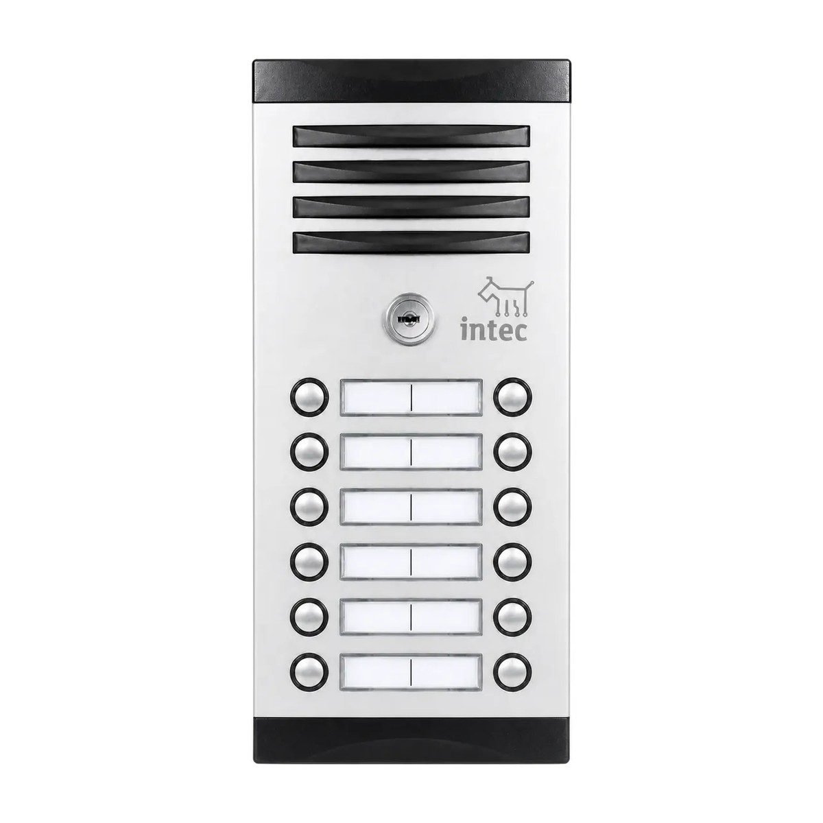 Frente de calle Intec TNK-12 de aluminio con accionamiento de cerradura · 12 botones · Para empotrar