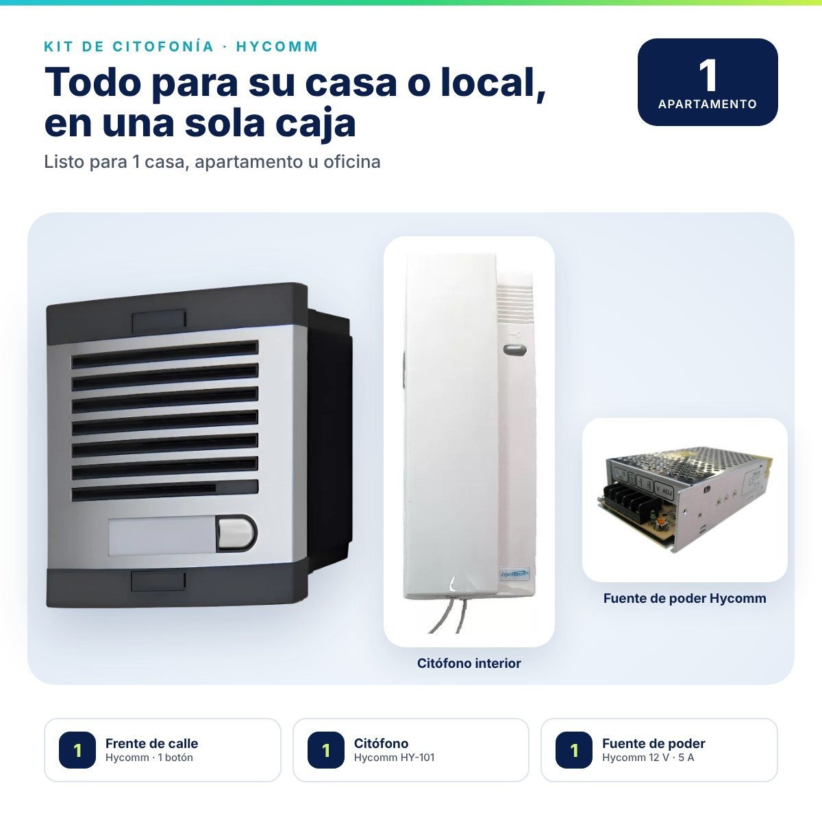 Kit de citofonía Hycomm para 1 punto · Frente de calle de 1 botón + 1 citófono HY-101 + fuente de poder