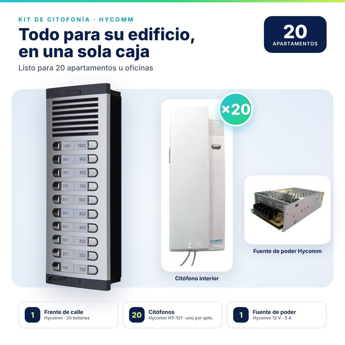 Kit de citofonía Hycomm para 20 puntos · Frente de calle de 20 botones + 20 citófonos HY-101 + fuente de poder