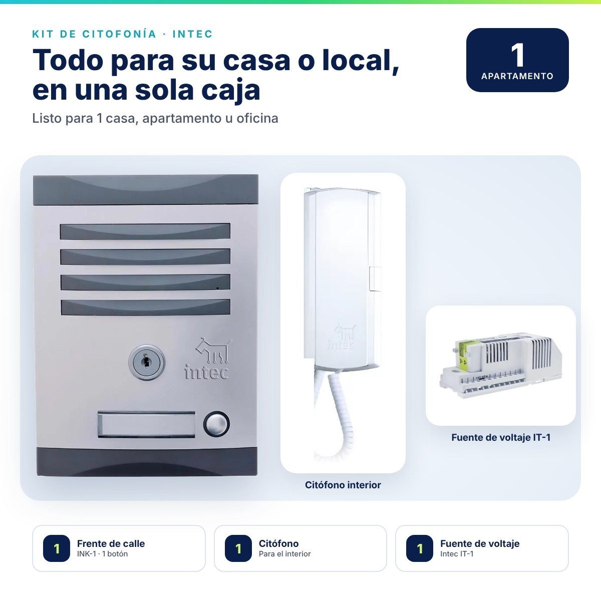 Kit de citofonía Intec para 1 punto · Frente de calle INK-1 + 1 citófono + fuente IT-1